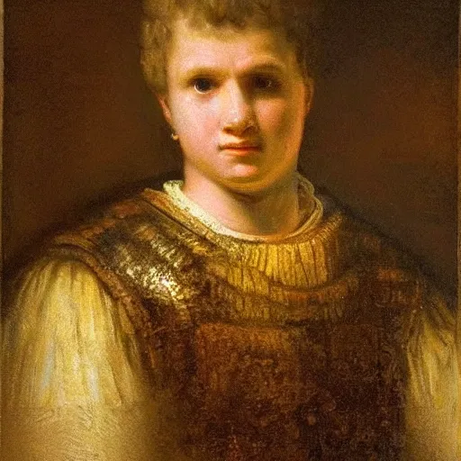 Prompt: augustus, painted by rembrandt, intricate, detailed, atmospheric lighting, golden hour.
