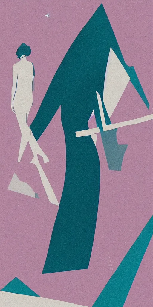 Image similar to “ femme on a galactic shore, noir, solid shapes, geometric art deco, french, teal palette, plain, no fine details, isaac asimov ”