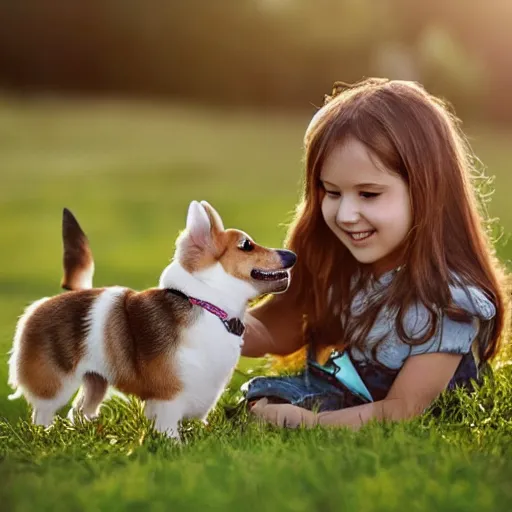 Image similar to “little girl holding a corgi puppy photorealistic hd”