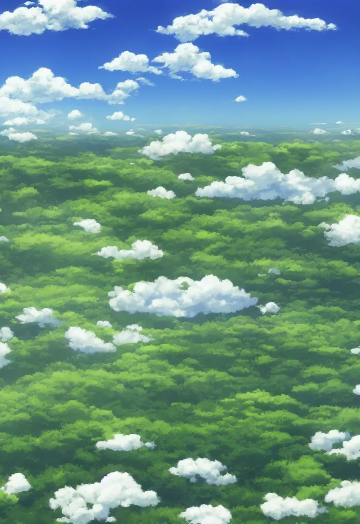 Image similar to a wide meadow with blue sky and a few clouds above, super wide angle, fantasy matte painting by studio ghibli and hayao miyazaki and kazuo oga, hyperrealism, featured on artstation and cgsociety, c 4 d, ultra - realistic, 4 k hd wallpapear,