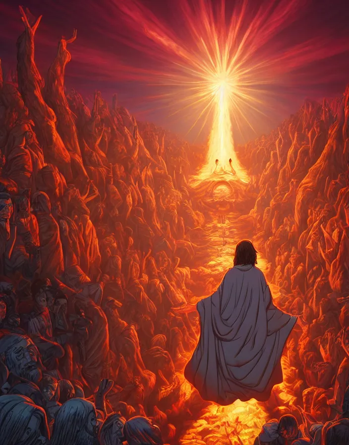 Image similar to jesus descends into hell by dan mumford, yusuke murata and makoto shinkai, 8k, cel shaded, unreal engine, featured on artstation, pixiv