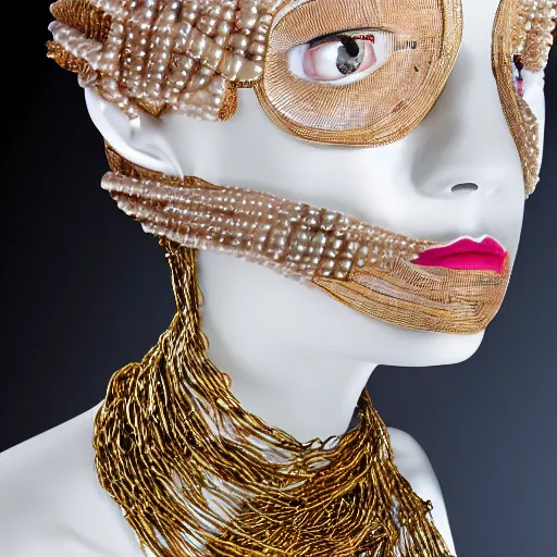 Prompt: a beautiful futuristic portrait covered by mask made of pearl and wire, necklace made by silk and wires twisted around neck, design by leonardo davinci, inspired by egon schiele, modern art, baroque art jewelry, new classic, hyper realistic, cinematic composition, cinematic lighting, fashion design, concept art, hdri, 4 k -