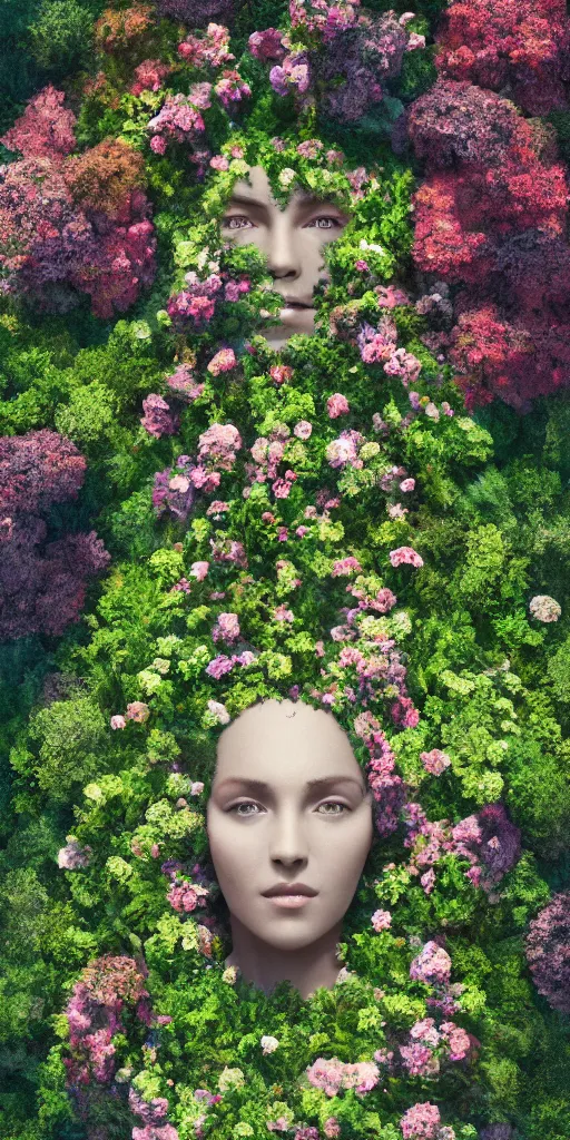 Prompt: an aerial view beautiful garden forming the face of a beautiful goddess, hyperrealism, 8 k, octane render, dramatic lighting, trending on artstation