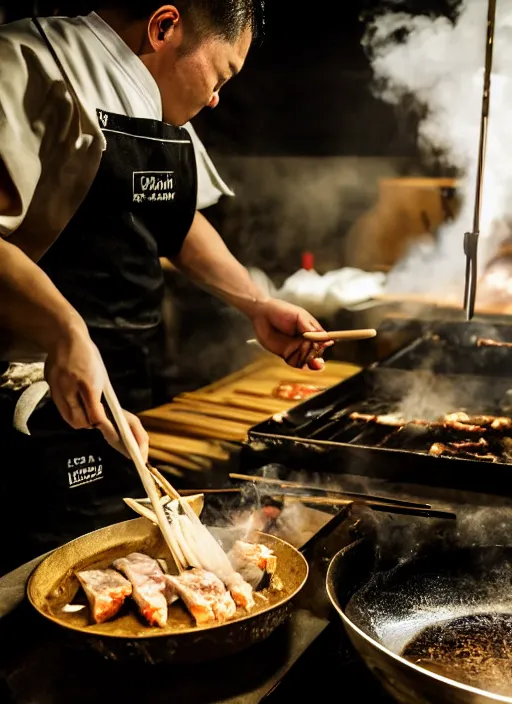 Image similar to a 2 8 mm macro photo from the back of a yakitori chef cooking in a commercial kitchen, splash art, movie still, bokeh, canon 5 0 mm, cinematic lighting, dramatic, film, photography, golden hour, depth of field, award - winning, anamorphic lens flare, 8 k, hyper detailed, 3 5 mm film grain