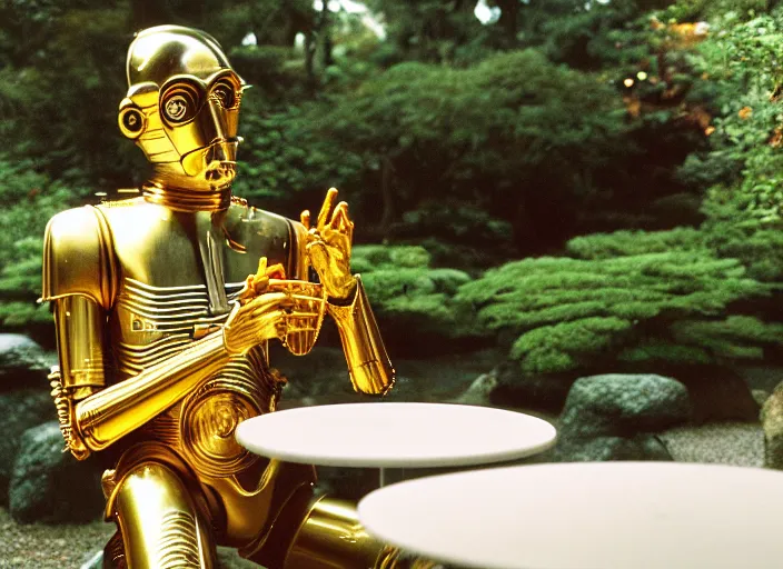 Image similar to C-3PO sitting at a bistro table in a lush japanese garden, still from star wars, shot on film, medium shot, depth of field, nature show, incredible detail, dramatic lighting