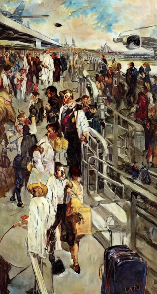 Image similar to Doctor disembarking from a plane at Heathrow terminal, sun shining, photo realistic illustration by greg rutkowski, thomas kindkade, alphonse mucha, loish, norman rockwell.