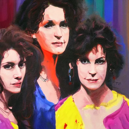 Prompt: a messy painting. Prince jealous of twin sisters Wendy and Susannah Melvoin. Nice use of colour. Trending on Artstation.