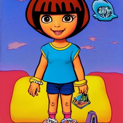 Image similar to dora the explorer as real girl, in lowbrow style, realism painted by Robert Crumb, Victor Moscoso, Steve Clay Wilson