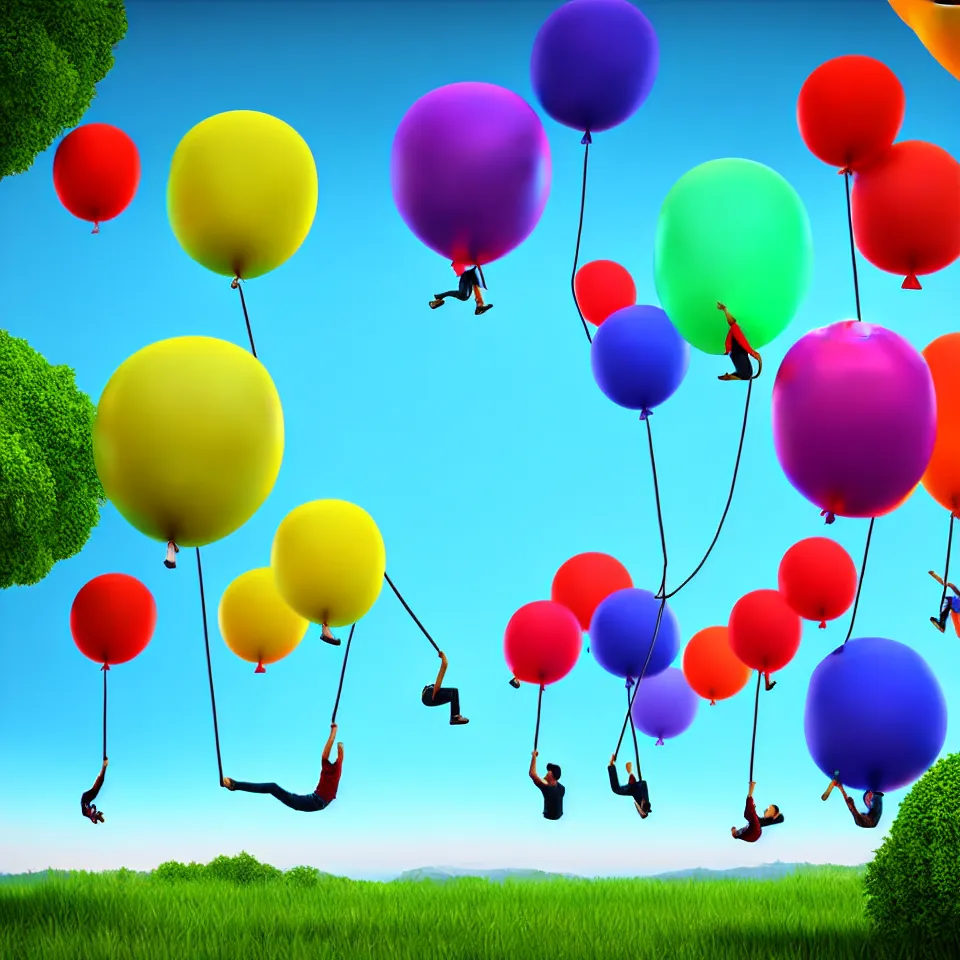 Prompt: large colorful balloons with people on rope swings underneath, flying high over the landscape, realistic, detailed, digital art, unreal engine