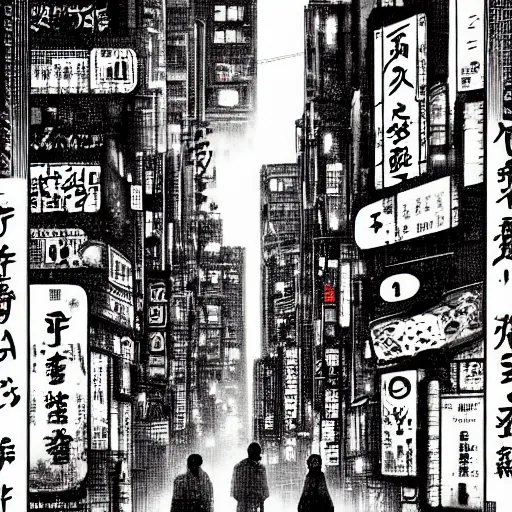 Prompt: a cyberpunk art tokyo night street, rain and fog by chris myers and junji ito