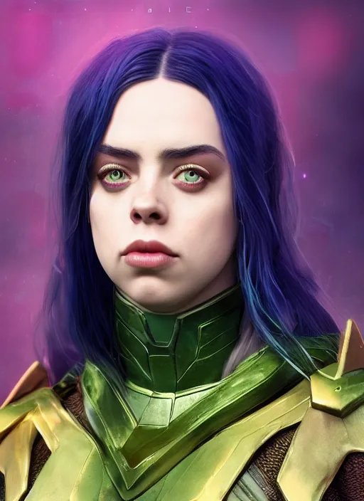 Prompt: billie eilish as female loki by Nixeu, Ian Sprigger, WLOP, Sakimichan, trending on artstation, hyper realistic, smooth octane render, aesthetic