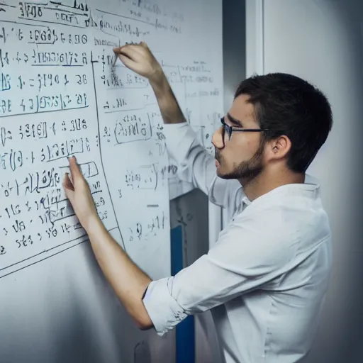 Prompt: mathematician working on a formula in front of a messy white board