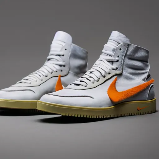 Image similar to a studio photoshoot of Nike sneakers designed by Virgil Abloh, leather and suede, Off-White, realistic, color film photography by Tlyer Mitchell, 35 mm, graflex