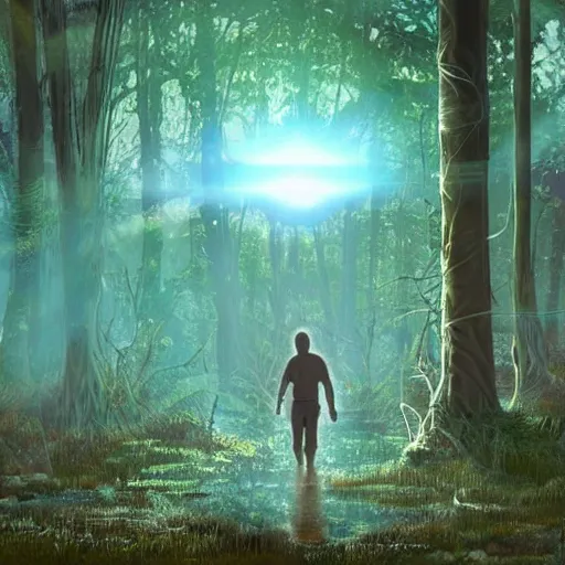 Image similar to a dirty lost person is following a floating blue glowing ball of light through the swampy forest, extremely detailed multiple unique different art styles.