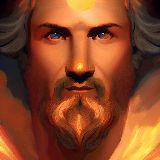 Image similar to portrait of Zeus, backlighting, golden hour, contrast, detailed, focus, digital painting, concept art, illustration, 4k, artstation, art Steven Stahlberg and Goya