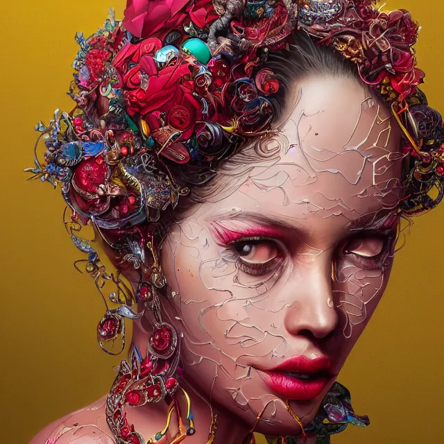 Image similar to studio portrait of absurdly beautiful, elegant, young colorful woman made of rubies and red gems, ultrafine hyperrealistic detailed face illustration by kim jung gi, irakli nadar, intricate linework, sharp focus, bright colors, matte, octopath traveler, final fantasy, unreal engine highly rendered, global illumination, radiant light, intricate environment