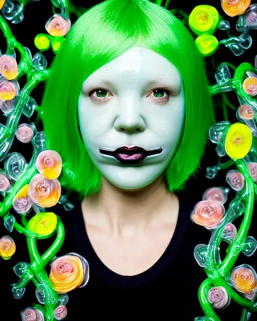 Image similar to symmetrical close - up portrait of a woman wearing a translucent silicone beauty mask and green hair, wearing a black bodysuit by alexander mcqueen, standing in a garden full of plastic translucent flowers, black background, soft diffused light, biotechnology, humanoide robot, bjork aesthetic, translucent, by rineke dijkstra, intricate details, highly detailed, masterpiece,