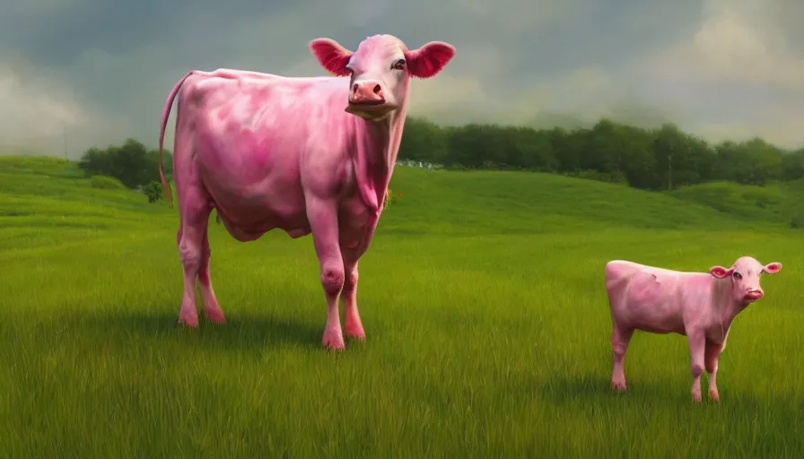 Pink Cow in Meadow · Creative Fabrica