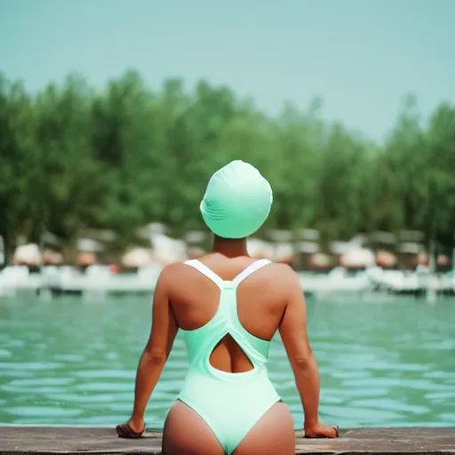 Image similar to a film photography of a woman slender, wearing a mint green one-piece swimsuit, wearing a white bathing cap, sitting on a wooden dock, low angle far shot, side profile parallel to camera, Kodak Portra 800, Kodak film photography, light film grain