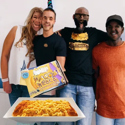 Image similar to A group photo of a seal, a unicorn, a goat and a box of mac and cheese