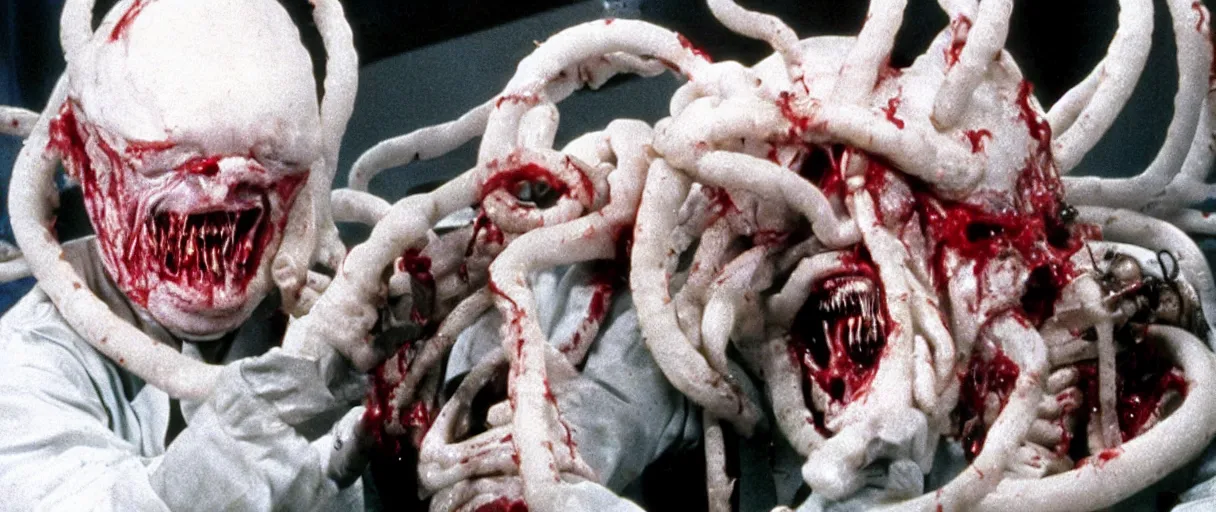 Prompt: filmic extreme close up shot movie still 4 k uhd interior 3 5 mm film color photograph of a twisted man with tentacles in a bloody lab coat grabbing a soldier who is screaming in terror by the arm in a lab in antartica, in the style of the horror film the thing 1 9 8 2