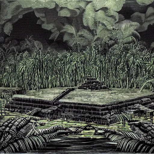 Prompt: a historical illustration of a partially sunken aztec temple in the florida everglades, moss, vines, alligator, foreboding, dark, in the style of a historical illustration