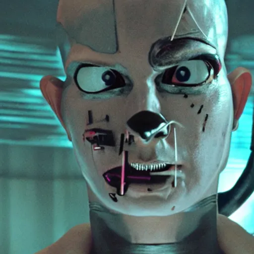 Prompt: movie still of a villain cyborg, facial expression, cinematic composition, cinematic light, surreal cinema, by edgar wright and david lynch,