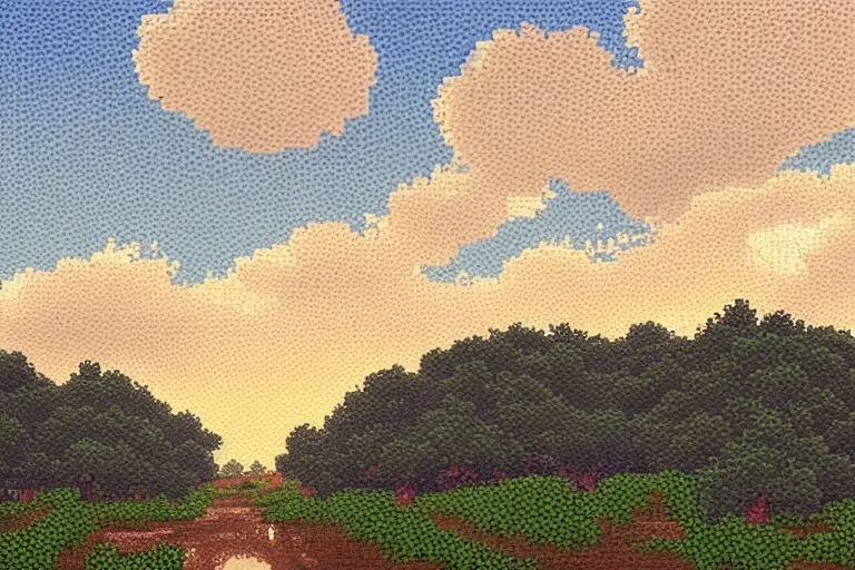 Prompt: landscape, summer, rain, evening, beautiful cloud, quiet, no people, sharp focus, intricate, trending on artstation, trending on deviantart, pixelart, pixelperfect, pixel art, pixel, color limit, nearest neighbor, hard edges