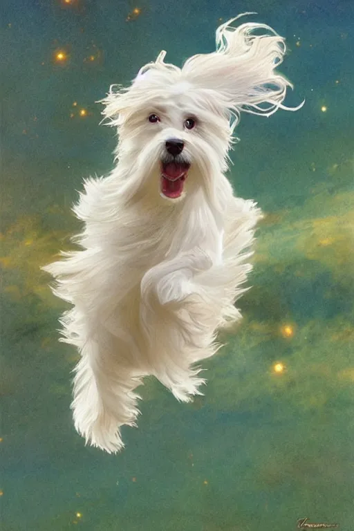 Prompt: a flying cream-colored Havanese dog running through a beautiful nebula of grass and sunshine, water color, art by artgerm and greg rutkowski and alphonse mucha and jin xiaodi and anthony devine