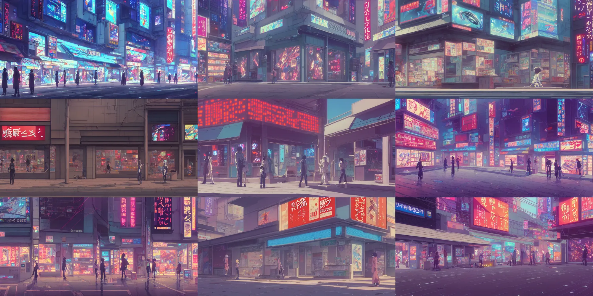 Prompt: a very close close close up front view of a ( ( ( cyberpunk ) ) ) shopfront facade with ( ( advertisements ) ), in a high definition screenshot from the anime anime film, digital painting by ( makoto shinkai ), moebius moebius, surrealism, trending on artstation