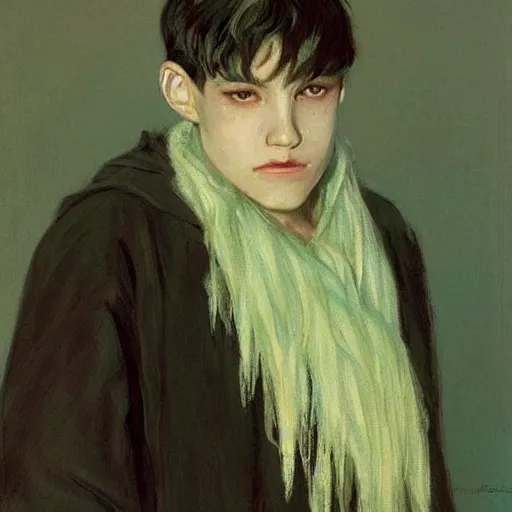 Prompt: a 14 year old teenage boy ghost with white hair and green eyes. The air is so cold that you can see his breath. He is shivering from the cold. Sakimichan Repin. By JC Leyendecker