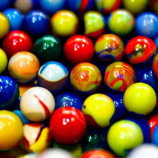Prompt: pool ball sized marbles on a pool table, close up view, photorealistic,