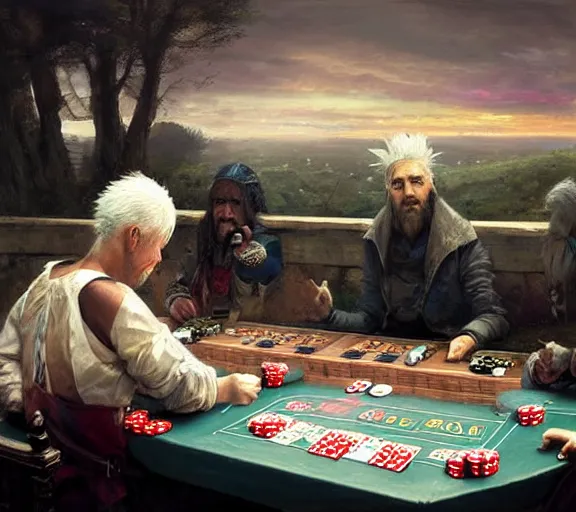 Prompt: dice gambling at a table with a white haired dwarf on the riverside, oil painting, greg rutkowski, highly detailed, colorful, dramatic lighting, cinematic composition,