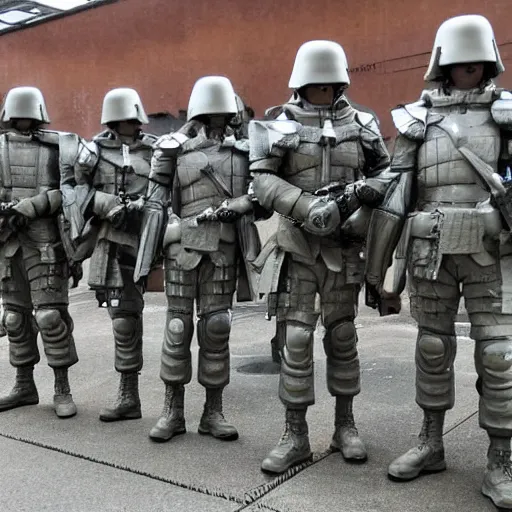 Image similar to a squad of futuristic soldiers in an armory