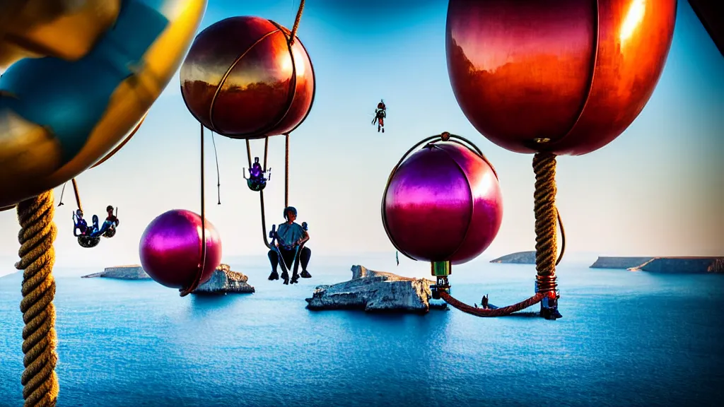 Image similar to large colorful futuristic space age metallic steampunk steam - powered balloons with pipework and electrical wiring around the outside, and people on rope swings underneath, flying high over the beautiful greek islands landscape, professional photography, 8 0 mm telephoto lens, realistic, detailed, photorealistic, photojournalism