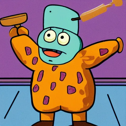 Image similar to patrick star from spongebob squarepants holding a hammer, intricate abstract, cartoon