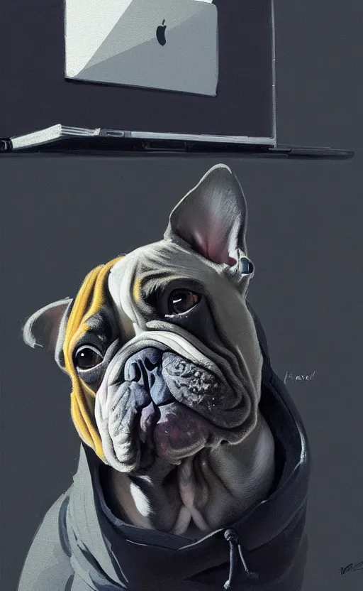 Prompt: detailed portrait of a french bulldog with a hoodie typing on his laptop at night wearing sunglasses, volumetric light, shallow depth by ismail inceoglu dragan bibin hans thoma greg rutkowski alexandros pyromallis nekro rene maritte illustrated, perfect face, fine details, realistic shaded, fine - face, direct glaze