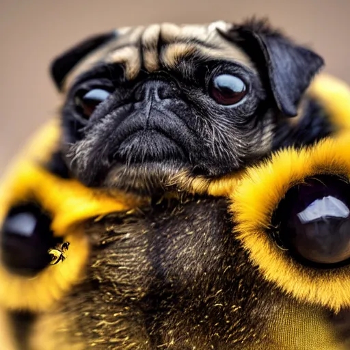 Image similar to bumblebee pug, soft and fluffy, macro photography, high resolution photo