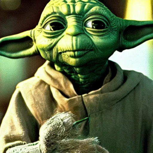 Image similar to e. t replaced by yoda, still from the movie e. t, grainy, 8 0's look,