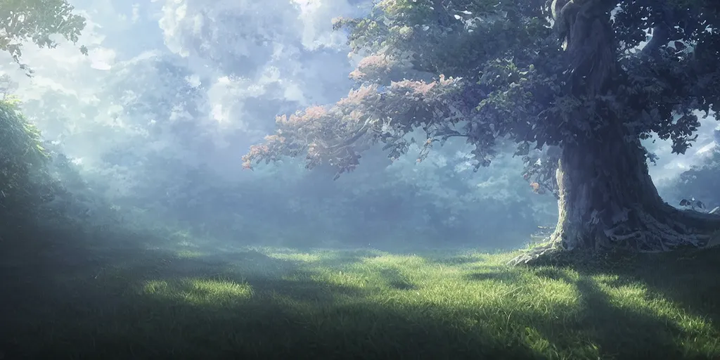 Prompt: a tree, cinematic angle, studio Ghibli, volumetric lighting, bold, beautiful composition, intricate, elegant, digital art, artstation, detailed oil painting, hyperrealistic, sharp focus, 8k