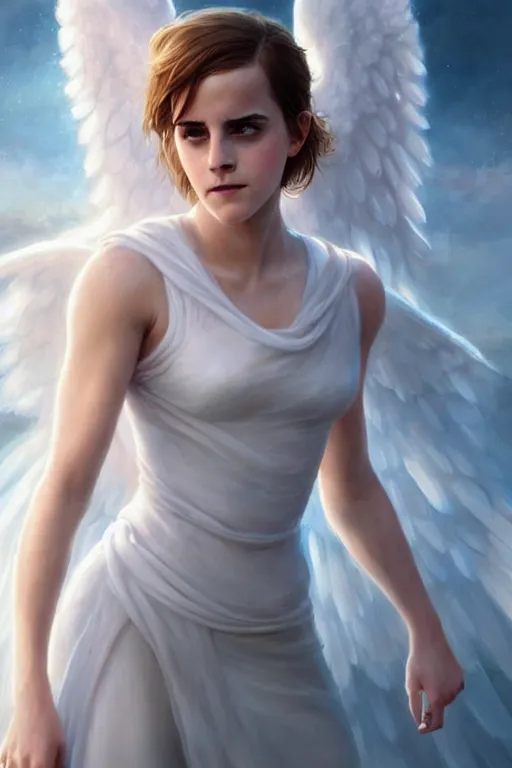 Image similar to emma watson as a heavenly angel, anatomy, only two hands, highly detailed, digital painting, artstation, concept art, smooth, sharp focus, illustration, unreal engine 5, 8 k, art by art by artgerm and greg rutkowski and edgar maxence