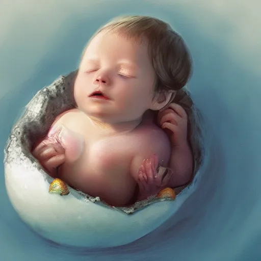 Image similar to a baby mermaid sleeping in an cracked egg, ultrarealistic, dramatic lighting, high details, 4 k, 8 k, best, accurate, trending on artstation, artstation, photorealism, ultrarealistic, digital painting, fantasy art