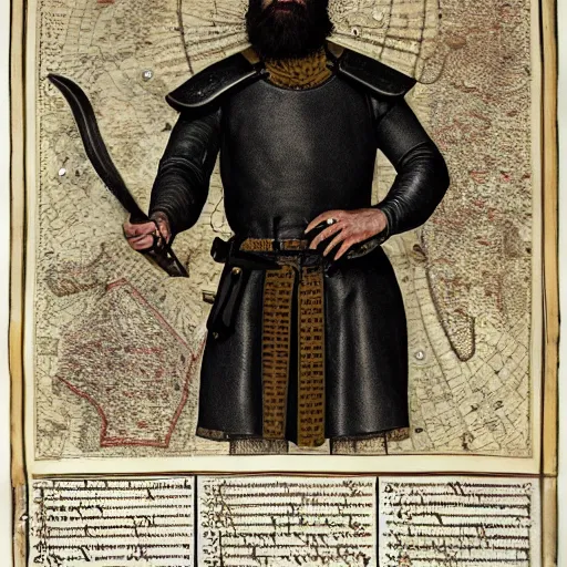 Image similar to Closeup of frustrated and acerbic male medieval sergeant with a {short} beard wearing a {black and yellow tabard} over a steel breastplate and a black gambeson looking up from a map on a table, intricate, dramatic lighting illustration by Greg Rutkowski, {perfect face}, {perfect eyes}, fantasy