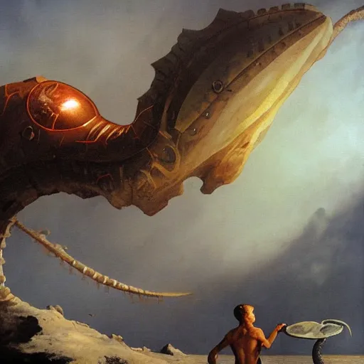 Image similar to a seahorse made of wood, 8 k resolution matte painting by frazetta and john howe, trending on artstation a boy looks into a futuristic spaceship that explodes with electricity of cosmic density andredo, 8