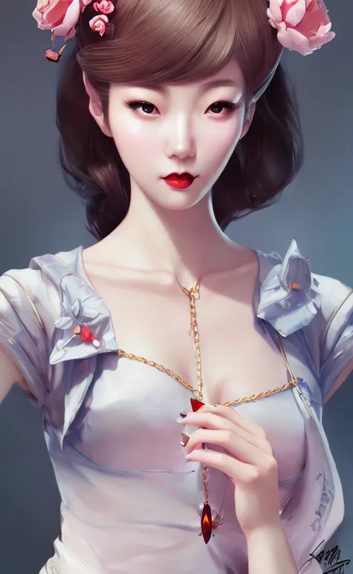 Image similar to a pin up and beautiful fashion charming dreamlke korea girl with lv jewelry, character art, art by artgerm lau and kyoung hwan kim and and ilya kuvshinov and john singer sargent, hyperdetailed, 8 k realistic, symmetrical, frostbite 3 engine, cryengine, dof, trending on artstation, digital art