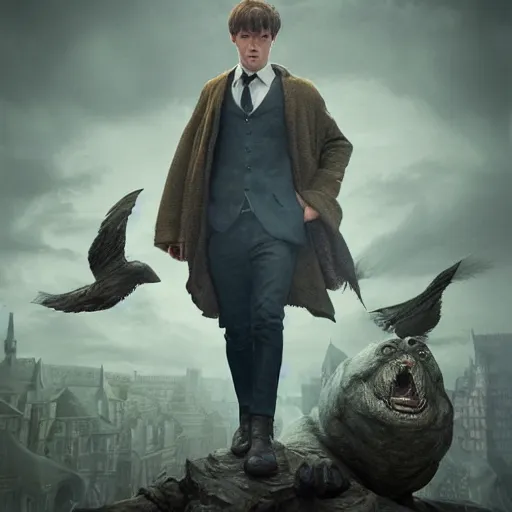 Image similar to hyperrealistic mixed media high resolution, scamander from harry potter with his creatures , stunning 3d render inspired art by István Sándorfi and Greg Rutkowski and Unreal Engine, perfect symmetry, dim volumetric lighting, 8k octane beautifully detailed render, post-processing, extremely hyper-detailed, intricate, epic composition, highly detailed attributes, highly detailed atmosphere, full body shot, cinematic lighting, masterpiece, no trending on artstation, very very detailed, masterpiece, stunning, flawless structure, lifelike texture, perfection,