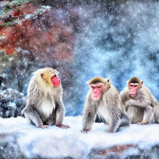 Prompt: snow monkeys at the mountain spa, muted color (blues, reds), steam, snow flurries, breath condensation, caring, family, digital art by Steve Henderson