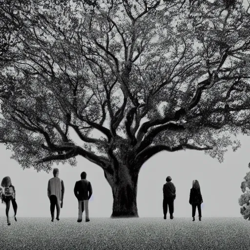 Image similar to a group of people in a park staring up at a gigantic tree, professional monochromatic, digital artwork