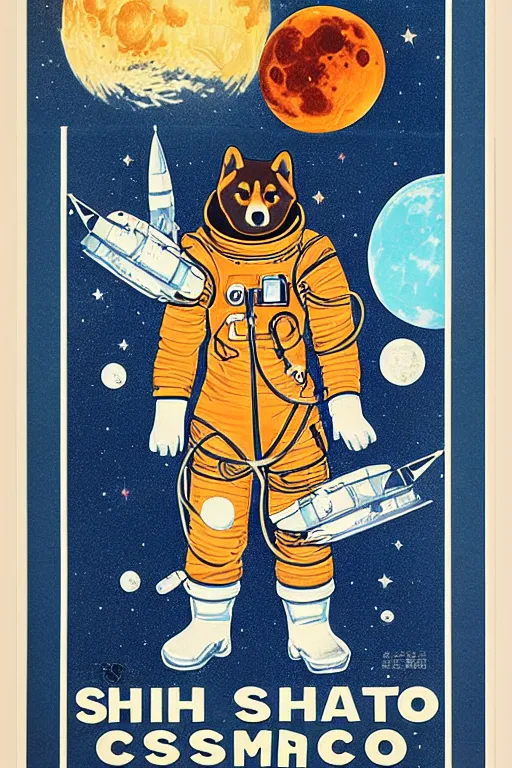 Image similar to Shiba Inu cosmonaut portrait, moon mission, 60s poster, 1968 Soviet Japanese