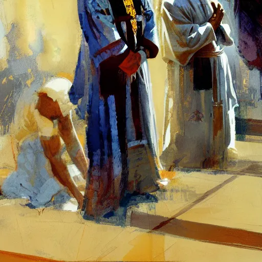 Prompt: king kneeling, pope standing in front of him, detailed by greg manchess, craig mullins, bernie fuchs, walter everett